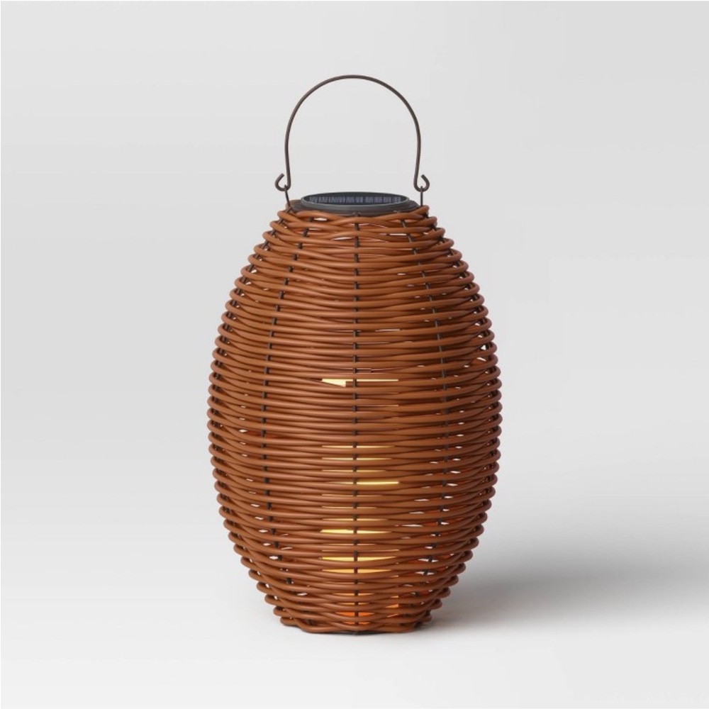 THRESHOLD NWT resin wicker woven medium led outdoor lantern -brown -22.5”